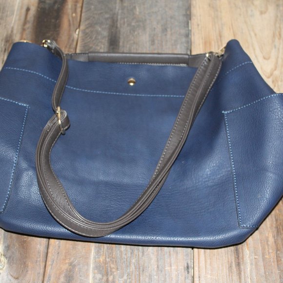 Women Dark Blue Bucket Bag 2 Straps Over Shoulder + Briefcase Handle Style - Picture 4 of 15